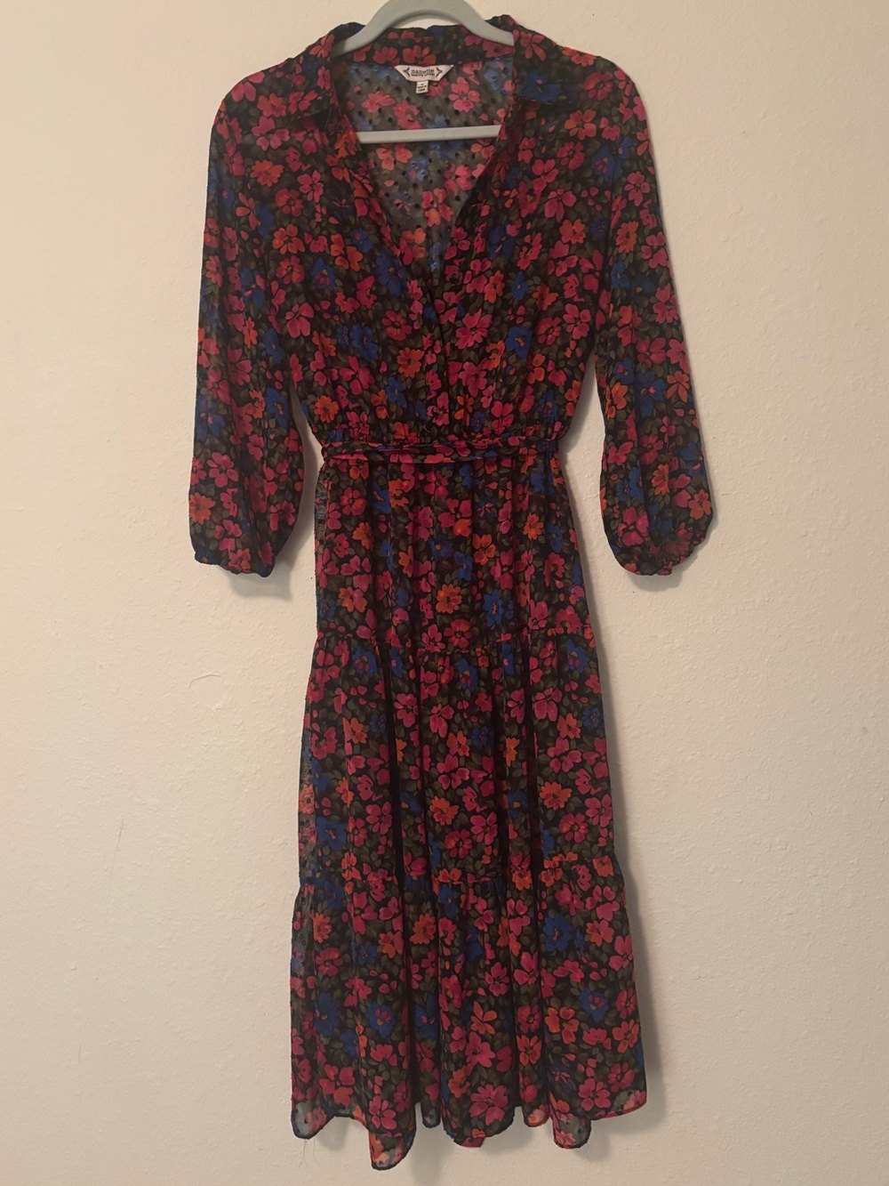 Nanette Lepore Sheer Black Polka Dot Midi Dress with Pink & Blue Floral Print